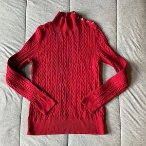 Talbots Red Petite‎ Cable Knit Turtleneck Sweater Gold Button Detail
